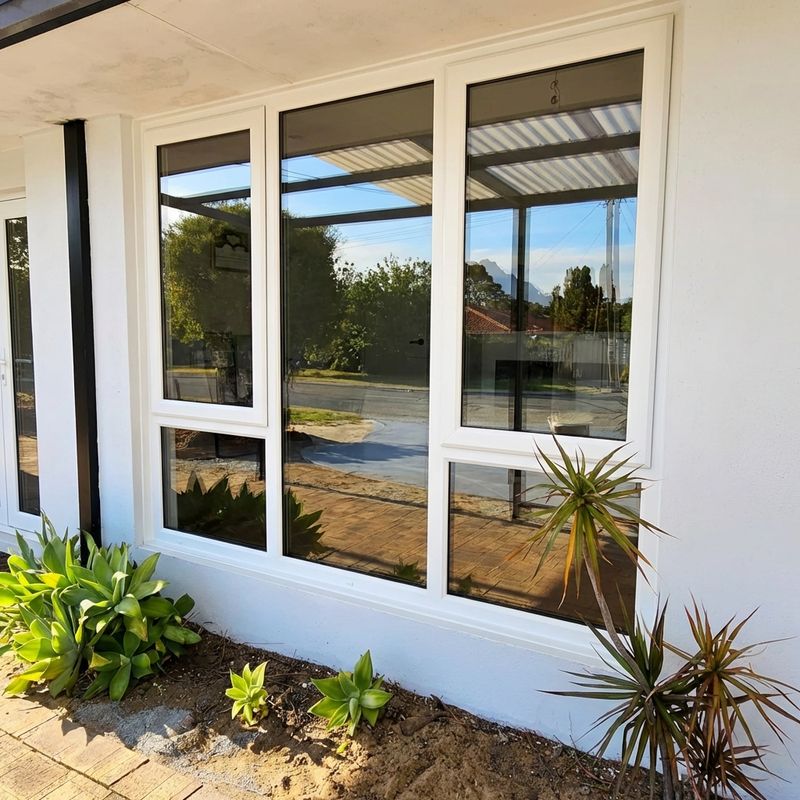 White-framed windows on a rendered wall