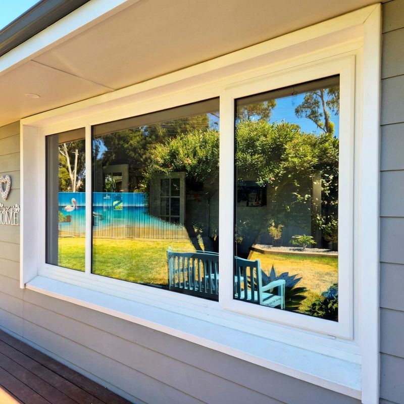 Large white-framed window looking onto a garden